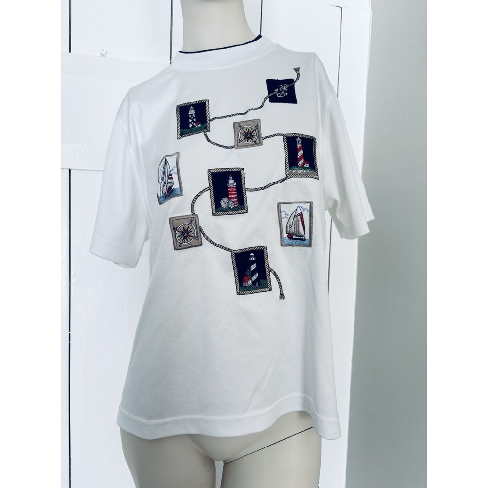 Bonworth Nautical Top Shirt White LIghthouses Sailboat Anchor Ships Vintage MedP